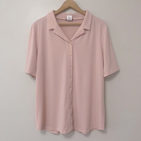 New Kim & Co Pink Brazil Knit Stretch Short Sleeve Button Up Top Size XL bin 4C - Picture 2 of 4